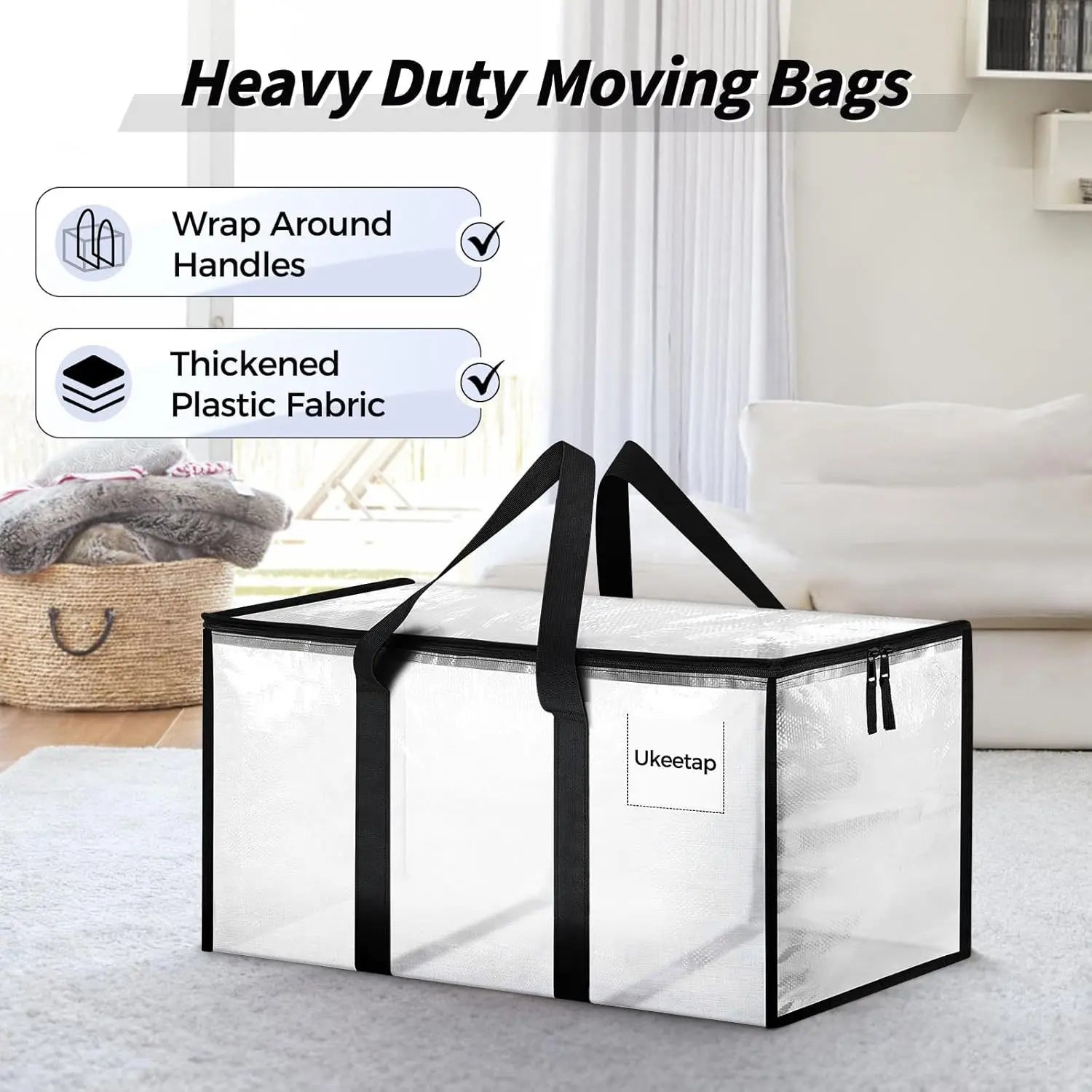 Extra Large Heavy-Duty Waterproof Moving Bags with Reinforced Handles and Zippers, Transparent Storage Totes for Clothes, Bedding, and Dorm Use (Clear - 88L)