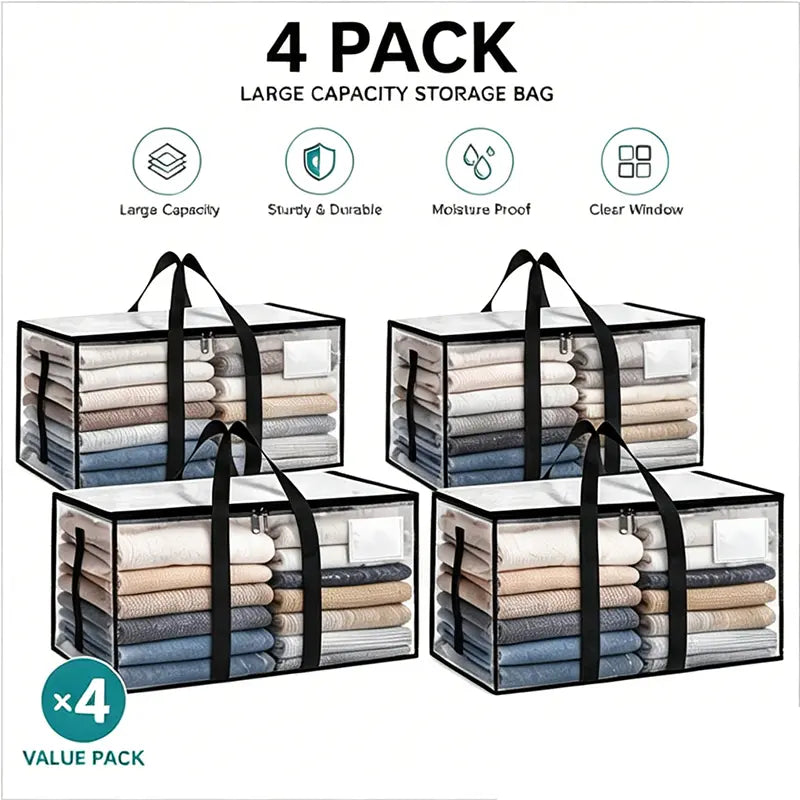 Extra Large Heavy-Duty Waterproof Moving Bags with Reinforced Handles and Zippers, Transparent Storage Totes for Clothes, Bedding, and Dorm Use (Clear - 88L)