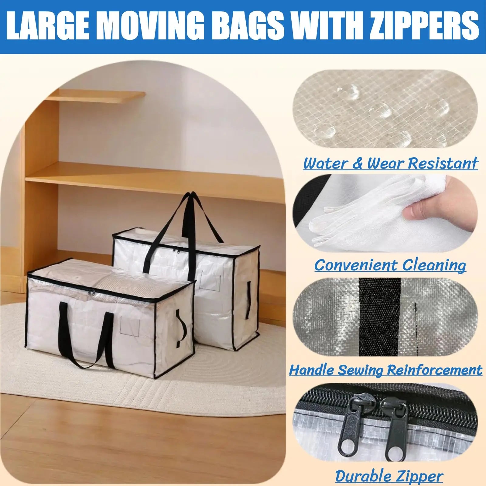 Extra Large Heavy-Duty Waterproof Moving Bags with Reinforced Handles and Zippers, Transparent Storage Totes for Clothes, Bedding, and Dorm Use (Clear - 88L)