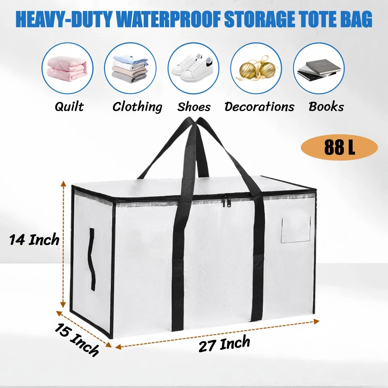 Extra Large Heavy-Duty Waterproof Moving Bags with Reinforced Handles and Zippers, Transparent Storage Totes for Clothes, Bedding, and Dorm Use (Clear - 88L)