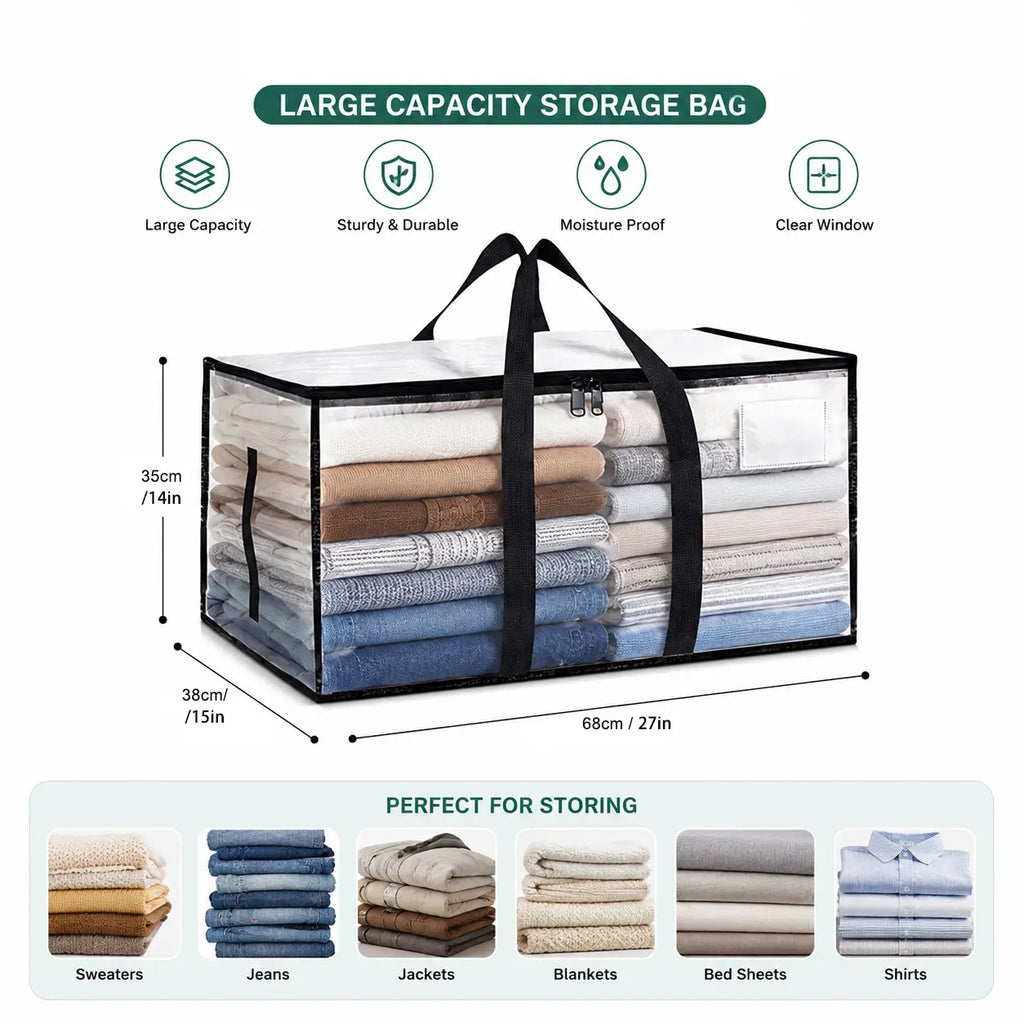 Extra Large Heavy-Duty Waterproof Moving Bags with Reinforced Handles and Zippers, Transparent Storage Totes for Clothes, Bedding, and Dorm Use (Clear - 88L)
