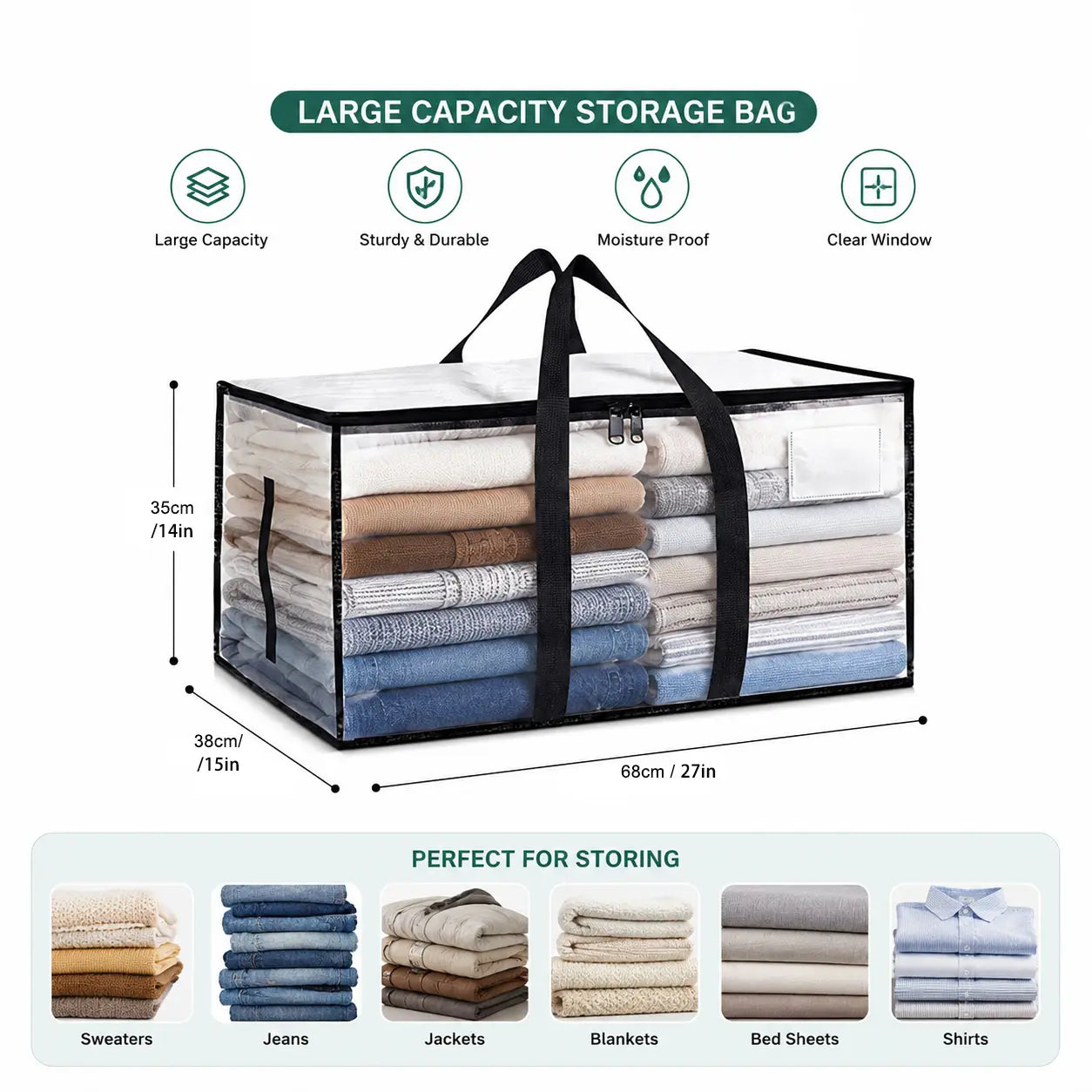 Extra Large Heavy-Duty Waterproof Moving Bags with Reinforced Handles and Zippers, Transparent Storage Totes for Clothes, Bedding, and Dorm Use (Clear - 88L)