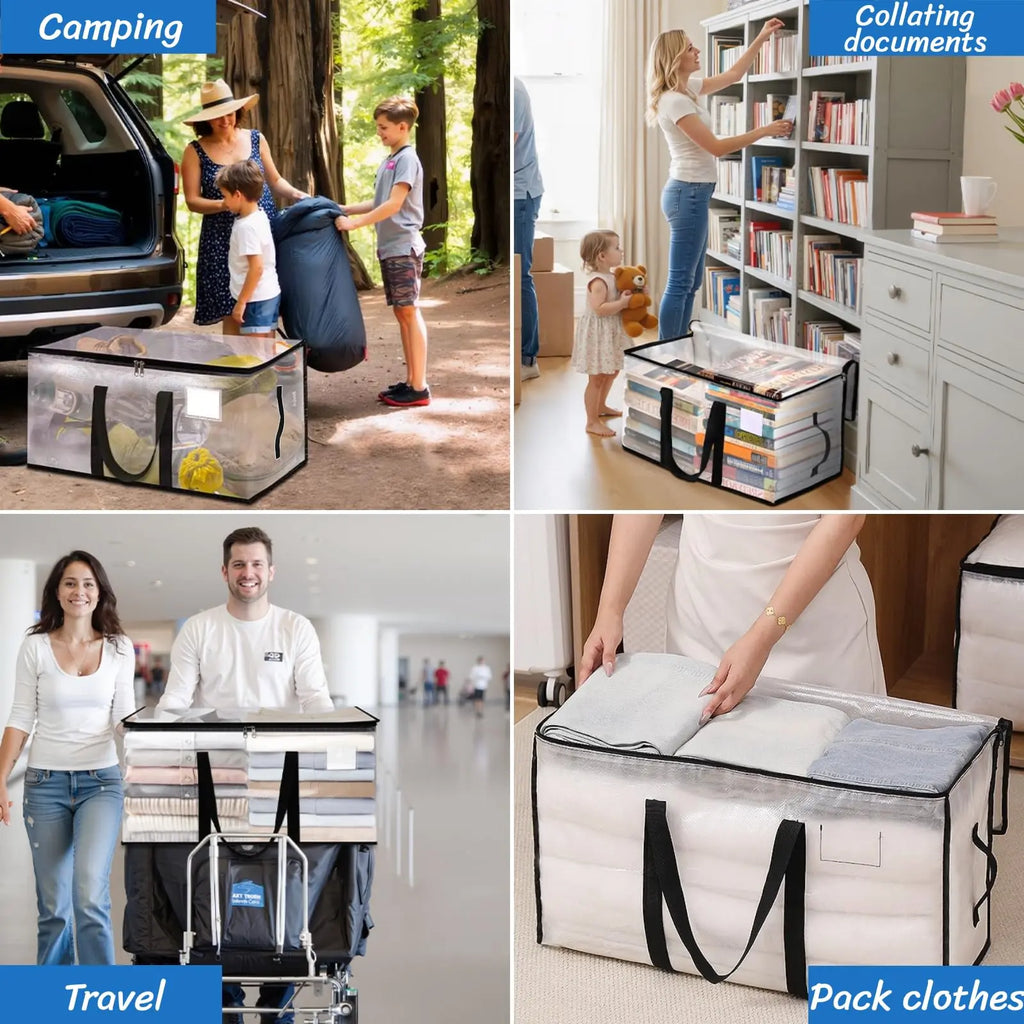Extra Large Heavy-Duty Waterproof Moving Bags with Reinforced Handles and Zippers, Transparent Storage Totes for Clothes, Bedding, and Dorm Use (Clear - 88L)