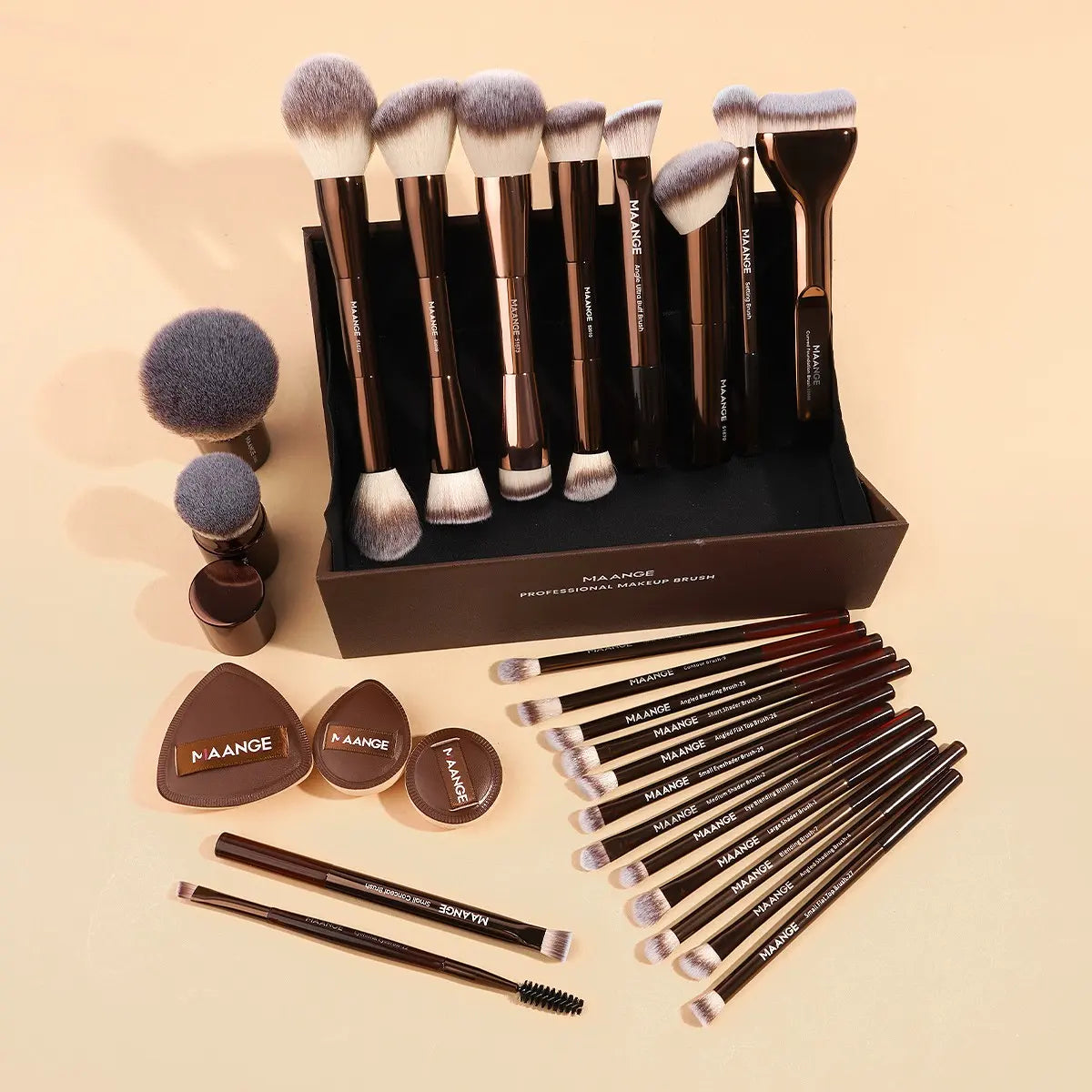 Maange 28-Piece Professional Makeup Brush Set with Foundation, Blush, Eyeshadow, Mascara Brushes, Powder Puffs, and Storage Box