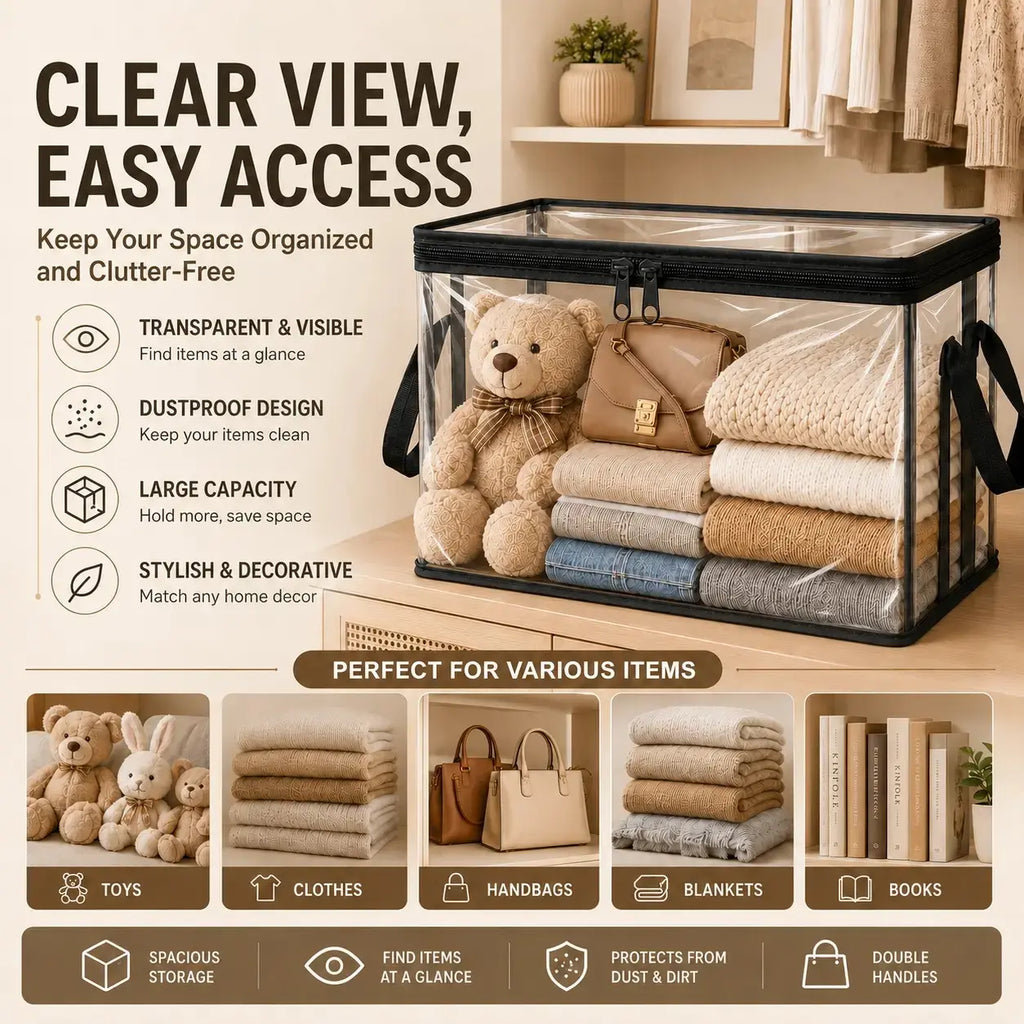 Premium Heavy-Duty Clear Plastic Storage Box with Hinged Lid - High-Capacity Organizer for Home, Moving, and Attic Use