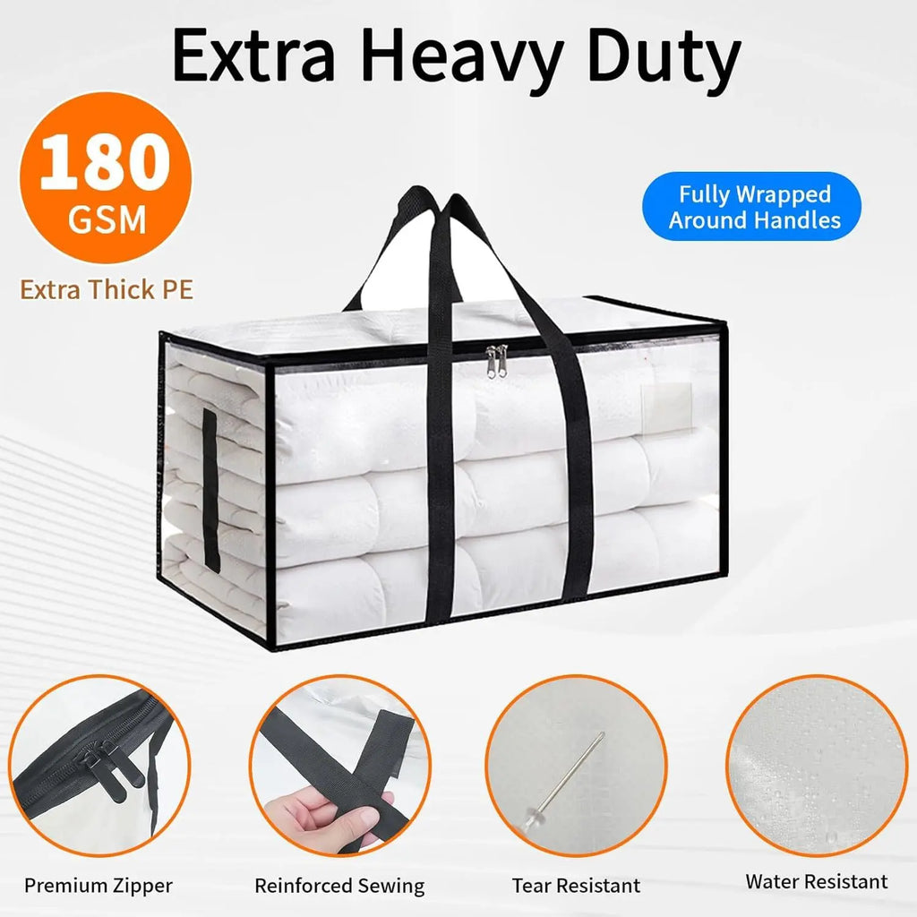Extra Large Heavy-Duty Waterproof Moving Bags with Reinforced Handles and Zippers, Transparent Storage Totes for Clothes, Bedding, and Dorm Use (Clear - 88L)