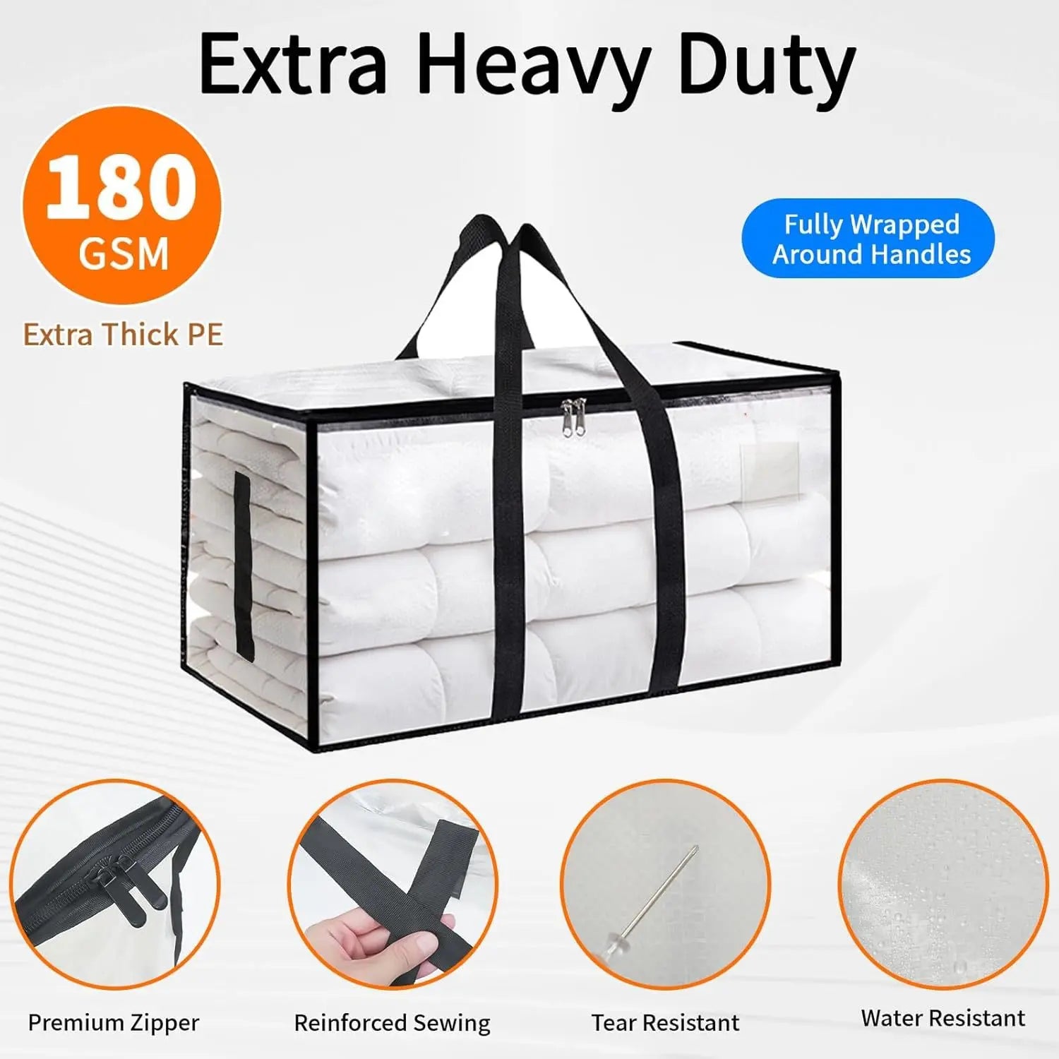 Extra Large Heavy-Duty Waterproof Moving Bags with Reinforced Handles and Zippers, Transparent Storage Totes for Clothes, Bedding, and Dorm Use (Clear - 88L)