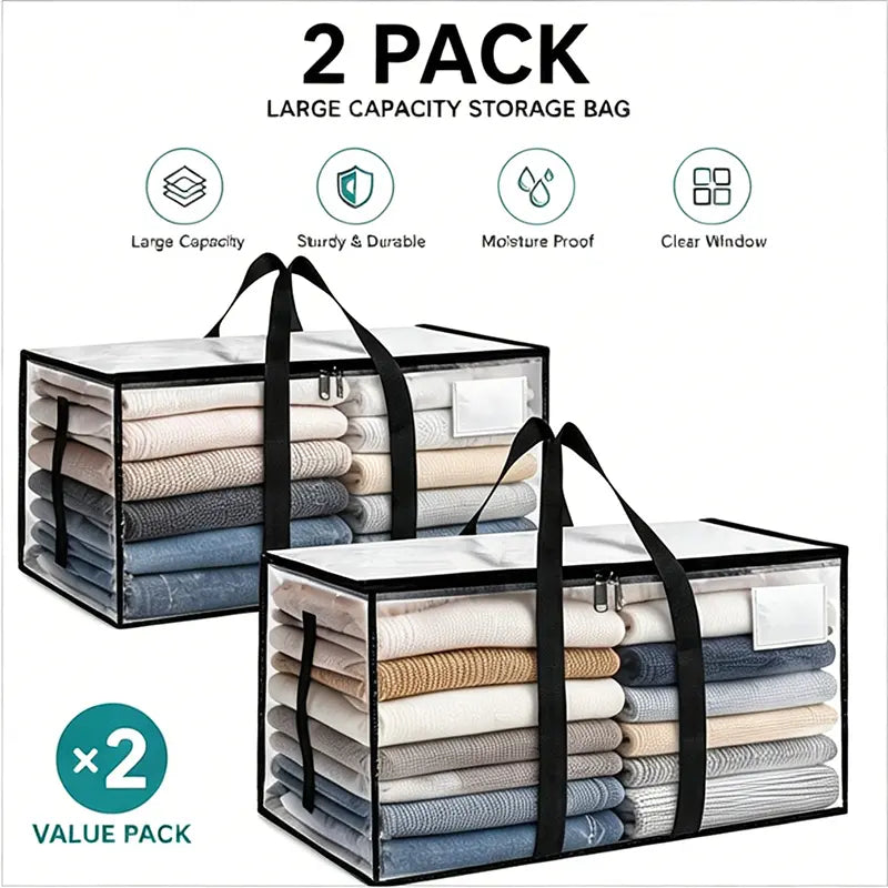 Extra Large Heavy-Duty Waterproof Moving Bags with Reinforced Handles and Zippers, Transparent Storage Totes for Clothes, Bedding, and Dorm Use (Clear - 88L)