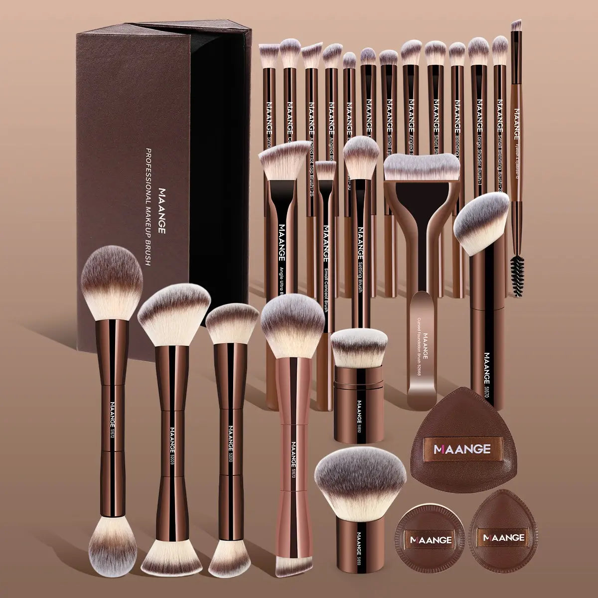 Maange 28-Piece Professional Makeup Brush Set with Foundation, Blush, Eyeshadow, Mascara Brushes, Powder Puffs, and Storage Box