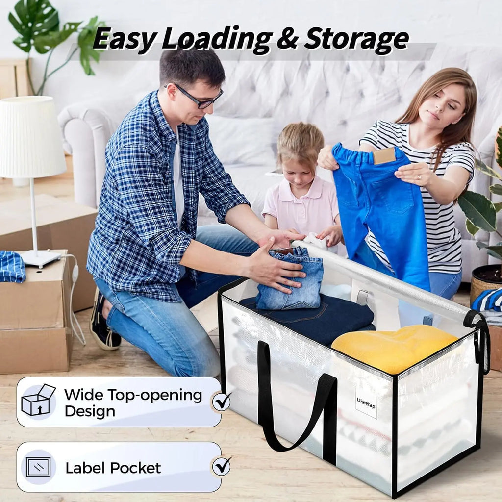 Extra Large Heavy-Duty Waterproof Moving Bags with Reinforced Handles and Zippers, Transparent Storage Totes for Clothes, Bedding, and Dorm Use (Clear - 88L)