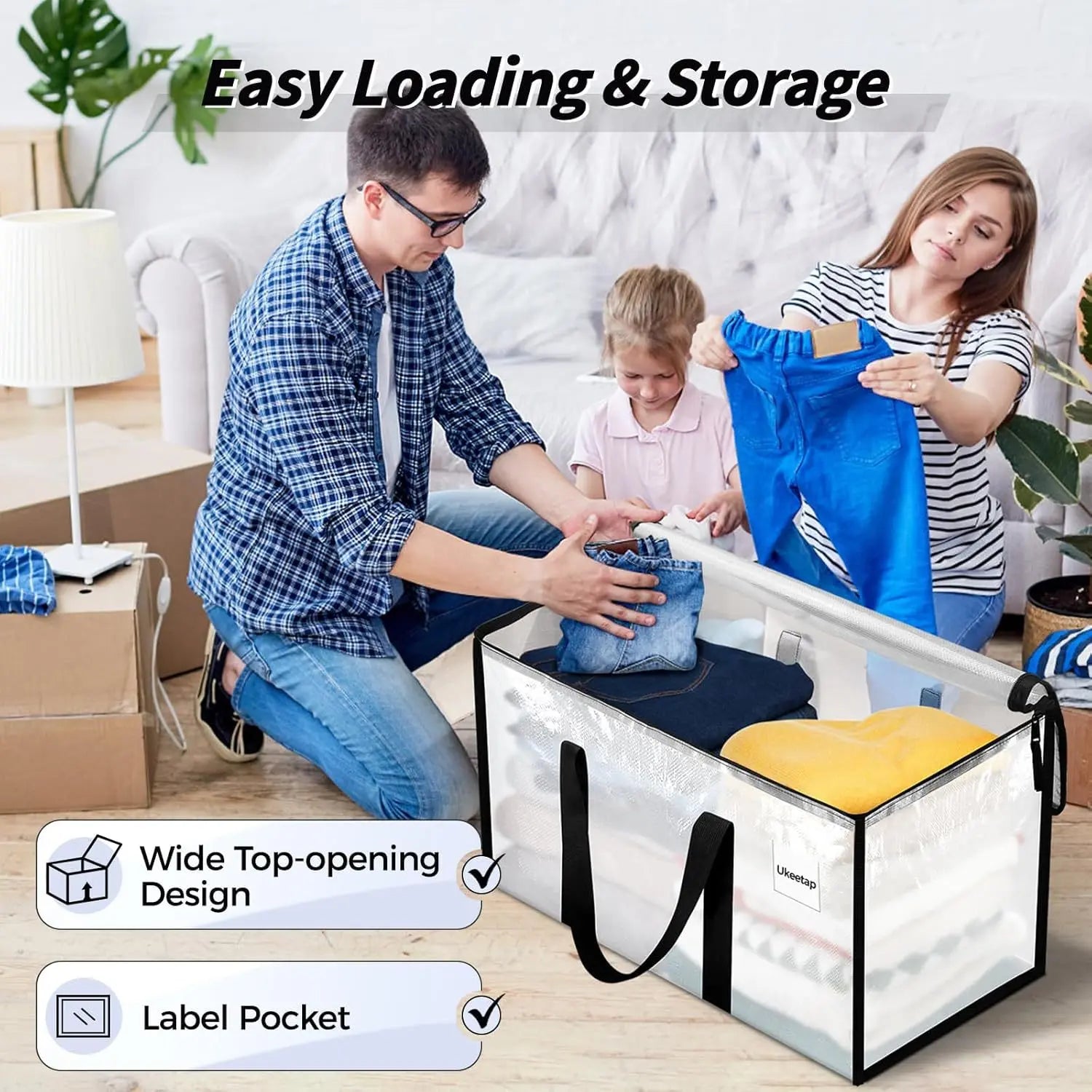 Extra Large Heavy-Duty Waterproof Moving Bags with Reinforced Handles and Zippers, Transparent Storage Totes for Clothes, Bedding, and Dorm Use (Clear - 88L)