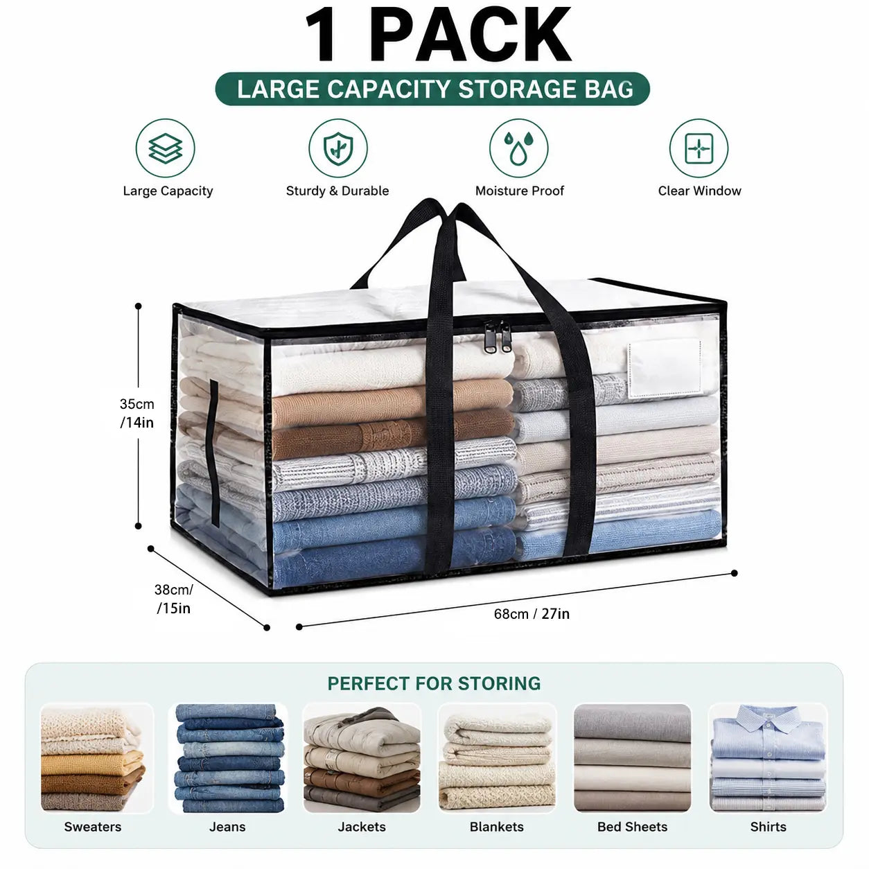 Extra Large Heavy-Duty Waterproof Moving Bags with Reinforced Handles and Zippers, Transparent Storage Totes for Clothes, Bedding, and Dorm Use (Clear - 88L)