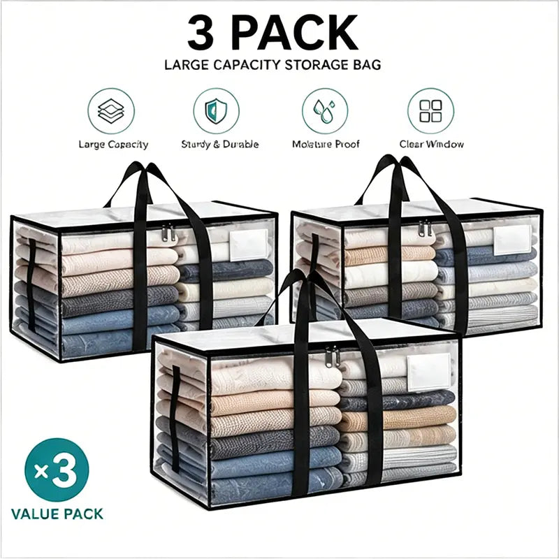 Extra Large Heavy-Duty Waterproof Moving Bags with Reinforced Handles and Zippers, Transparent Storage Totes for Clothes, Bedding, and Dorm Use (Clear - 88L)